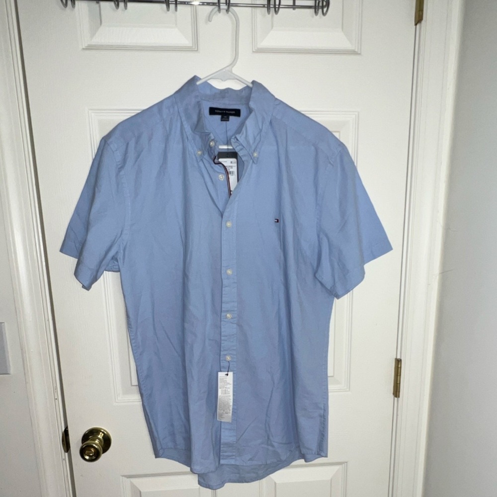 Tommy Hilfiger Blue Cotton Button-Down Shirt Men Short Sleeve L/G 78A4320 495